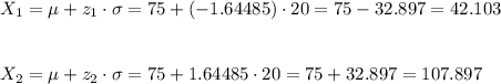 X_1=\mu+z_1\cdot\sigma=75+(-1.64485)\cdot 20=75-32.897=42.103\\\\\\X_2=\mu+z_2\cdot\sigma=75+1.64485\cdot 20=75+32.897=107.897