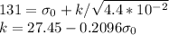 131 = \sigma_0 + k/\sqrt{4.4 * 10^{-2}} \\k = 27.45 - 0.2096 \sigma_0