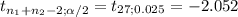 t_{n_1+n_2-2; \alpha /2}= t_{27; 0.025}= -2.052