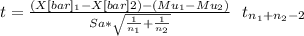 t= \frac{(X[bar]_1-X[bar]2)-(Mu_1-Mu_2)}{Sa*\sqrt{\frac{1}{n_1} +\frac{1}{n_2} } } ~~t_{n_1+n_2-2}