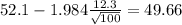 52.1- 1.984\frac{12.3}{\sqrt{100}}=49.66