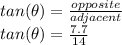 tan(\theta)=\frac{opposite}{adjacent} \\tan(\theta)=\frac{7.7}{14}