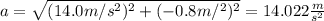 a=\sqrt{(14.0m/s^2)^2+(-0.8m/^2)^2}=14.022\frac{m}{s^2}