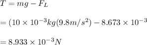 T=mg-F_L\\\\=(10\times10^{-3}kg(9.8m/s^2)-8.673\times 10^{-3}\\\\=8.933\times10^{-3}N