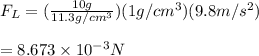 F_L=(\frac{10g}{11.3g/cm^3} )(1g/cm^3)(9.8m/s^2)\\\\=8.673\times 10^{-3}N