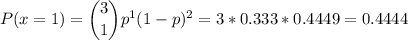 P(x=1) = \dbinom{3}{1} p^{1}(1-p)^{2}=3*0.333*0.4449=0.4444\\\\\\