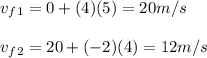 v_f_1=0+(4)(5)=20m/s \\\\v_f_2=20+(-2)(4)=12m/s