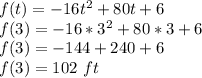 f(t) = -16t^2 + 80t + 6\\f(3) = -16*3^2 + 80*3 + 6\\f(3)=-144+240+6\\f(3)=102\ ft