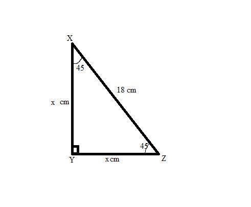 The hypotenuse of a 45°-45°-90° triangle measures 18 cm.

A right triangle is shown. The other 2 ang