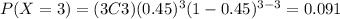 P(X=3)=(3C3)(0.45)^3 (1-0.45)^{3-3}=0.091
