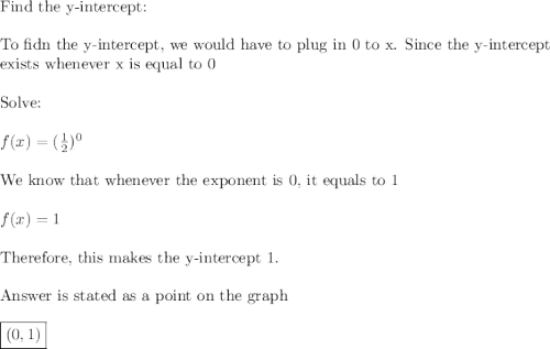 \text{Find the y-intercept:}\\\\\text{To fidn the y-intercept, we would have to plug in 0 to x. Since the y-intercept}\\\text{exists whenever x is equal to 0}\\\\\text{Solve:}\\\\f(x)=(\frac{1}{2})^0\\\\\text{We know that whenever the exponent is 0, it equals to 1}\\\\f(x)=1\\\\\text{Therefore, this makes the y-intercept 1.}\\\\\text{Answer is stated as a point on the graph}\\\\\boxed{(0,1)}