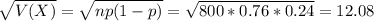 \sqrt{V(X)} = \sqrt{np(1-p)} = \sqrt{800*0.76*0.24} = 12.08