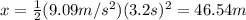 x=\frac{1}{2}(9.09m/s^2)(3.2s)^2=46.54m