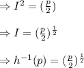 \Rightarrow I^2=(\frac{p}{2} )\\\\\Rightarrow I=(\frac{p}{2} )^{\frac{1}{2} }\\\\\Rightarrow h^{-1}(p)=(\frac{p}{2} )^{\frac{1}{2}}