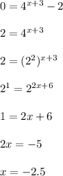 0=4^{x+3}-2 \\\\2=4^{x+3} \\\\2=(2^2)^{x+3} \\\\2^1=2^{2x+6} \\\\1=2x+6 \\\\2x=-5 \\\\x=-2.5