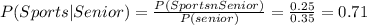 P(Sports|Senior)= \frac{P(Sports n Senior)}{P(senior)}= \frac{0.25}{0.35} = 0.71