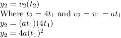 y_2=v_2(t_2)\\\text{Where~}t_2=4t_1 ~\text{and}~ v_2=v_1=at_1\\y_2=(at_1)(4t_1)\\y_2=4a(t_1)^2\\