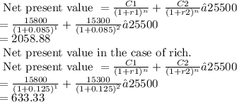 \text{ Net present value } = \frac{C1}{(1+ r1)^{n}} + \frac{C2}{(1+ r2)^{n}} – 25500 \\= \frac{15800}{(1+ 0.085)^{1}} + \frac{15300}{(1+ 0.085)^{2}} – 25500 \\= 2058.88 \\\text{ Net present value in the case of rich.} \\\text{ Net present value } = \frac{C1}{(1+ r1)^{n}} + \frac{C2}{(1+ r2)^{n}} – 25500 \\= \frac{15800}{(1+ 0.125)^{1}} + \frac{15300}{(1+ 0.125)^{2}} – 25500 \\= 633.33