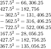 257.5^2 =66,306.25\\427.5^2 =182,756\\-362.5^2 =131,406.25\\-562.5^2 =316,406.25\\-722.5^2 =522,006.25\\167.5^2 =28,056.25\\427.5^2 =182,756.25\\367.5^2 =135,056.25