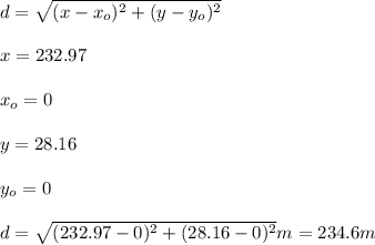 d=\sqrt{(x-x_o)^2+(y-y_o)^2}\\\\x=232.97\\\\x_o=0\\\\y=28.16\\\\y_o=0\\\\d=\sqrt{(232.97-0)^2+(28.16-0)^2}m=234.6m