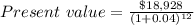 Present\ value = \frac{\$18,928}{(1 + 0.04)^{12}}
