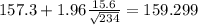 157.3+1.96\frac{15.6}{\sqrt{234}}=159.299