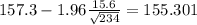 157.3-1.96\frac{15.6}{\sqrt{234}}=155.301