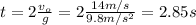 t=2\frac{v_o}{g}=2\frac{14m/s}{9.8m/s^2}=2.85s