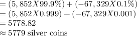=(5,852 X 99.9\%)+(-67,329 X 0.1\%)\\=(5,852 X 0.999)+(-67,329 X 0.001)\\=5778.82\\\approx 5779$ silver coins