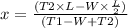 x =  \frac{( T2\times L - W\times \frac{L}{2} )}{( T1 - W + T2)}