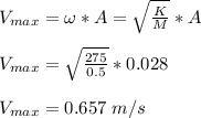 V_{max} =\omega*A=  \sqrt{\frac{K}{M} } *A\\\\V_{max} = \sqrt{\frac{275}{0.5} } *0.028\\\\V_{max} = 0.657 \ m/s