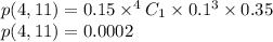 p(4,11)=0.15\times^4C_1\times0.1^3\times0.35\\p(4,11)=0.0002