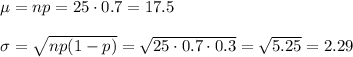 \mu=np=25\cdot 0.7=17.5\\\\\sigma=\sqrt{np(1-p)}=\sqrt{25\cdot0.7\cdot0.3}=\sqrt{5.25}=2.29