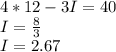 4*12-3I=40\\I=\frac{8}{3}\\I=2.67