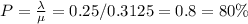 P=\frac{\lambda}{\mu}=0.25/0.3125=0.8=80\%