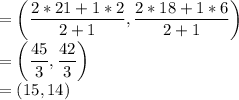 =\left(\dfrac{2*21+1*2}{2+1}, \dfrac{2*18+1*6}{2+1}\right)\\=\left(\dfrac{45}{3}, \dfrac{42}{3}\right)\\=(15,14)