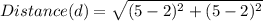 Distance(d)=\sqrt{(5-2)^2+(5-2)^2}