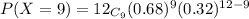 P( X=9) = 12_{C_{9} }( 0.68)^{9} (0.32)^{12-9}