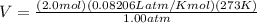 V=\frac{(2.0 mol)(0.08206Latm/Kmol)(273K)}{1.00atm}