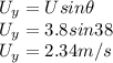 U_y = Usin \theta\\U_y = 3.8 sin 38\\U_y = 2.34 m/s