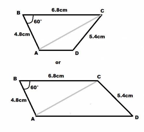 Construct a trapezium ABCD such that AD is parallel to BC, AB = 4.8 cm, BC = 6.8 cm, CD = 5.4 cm and