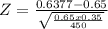 Z = \frac{0.6377 - 0.65}{\sqrt{\frac{0.65 x 0.35}{450} } }