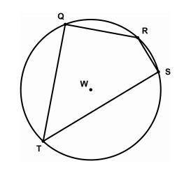 Quadrilateral QRST is inscribed in circle W as shown below. The measure of ∠QRS is 12 degrees less t