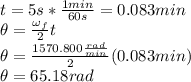 t=5s*\frac{1min}{60s}=0.083min\\\theta=\frac{\omega_f}{2}t\\\theta=\frac{1570.800\frac{rad}{min}}{2}(0.083min)\\\theta=65.18rad