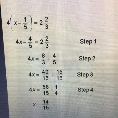 Leonardo is solving the equation 4(x-1/5)=2 2/3 his world is shown. where is his error