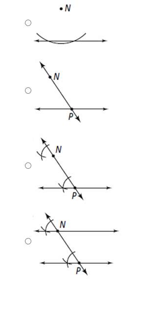 "which diagram below shows the first step in parallel line construction on a point outside a line? &lt;