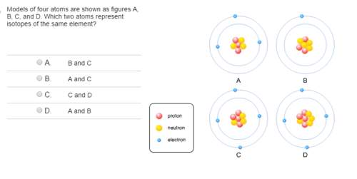Models of four atoms are shown as figures a, b, c, and d. which two atoms represent isotopes of the
