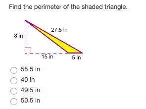 Find the perimeter of the shaded triangle. a. 55.5 in b. 40 in