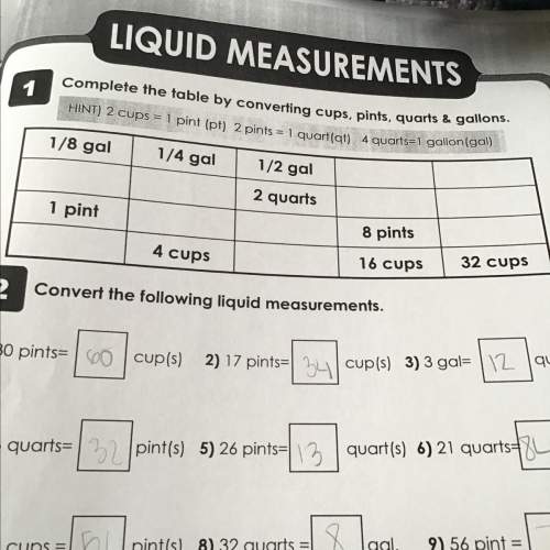 Liquid measurements (fill in table by converting cups pints quarts and gallons)