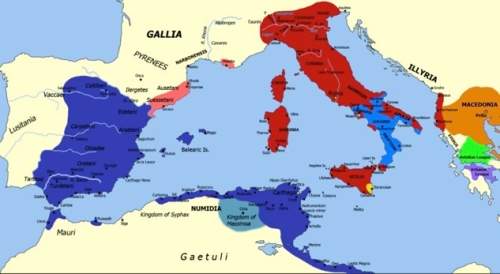 Below is a map of the mediterranean world at the time of the second punic war. use this map below to